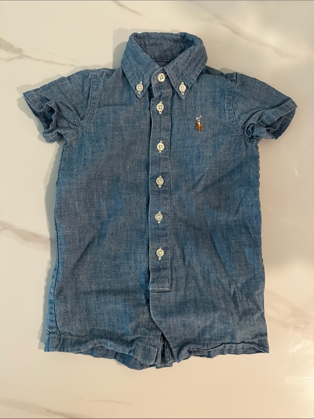 Ralph Lauren Light Blue Chambray Baby Button Romper
